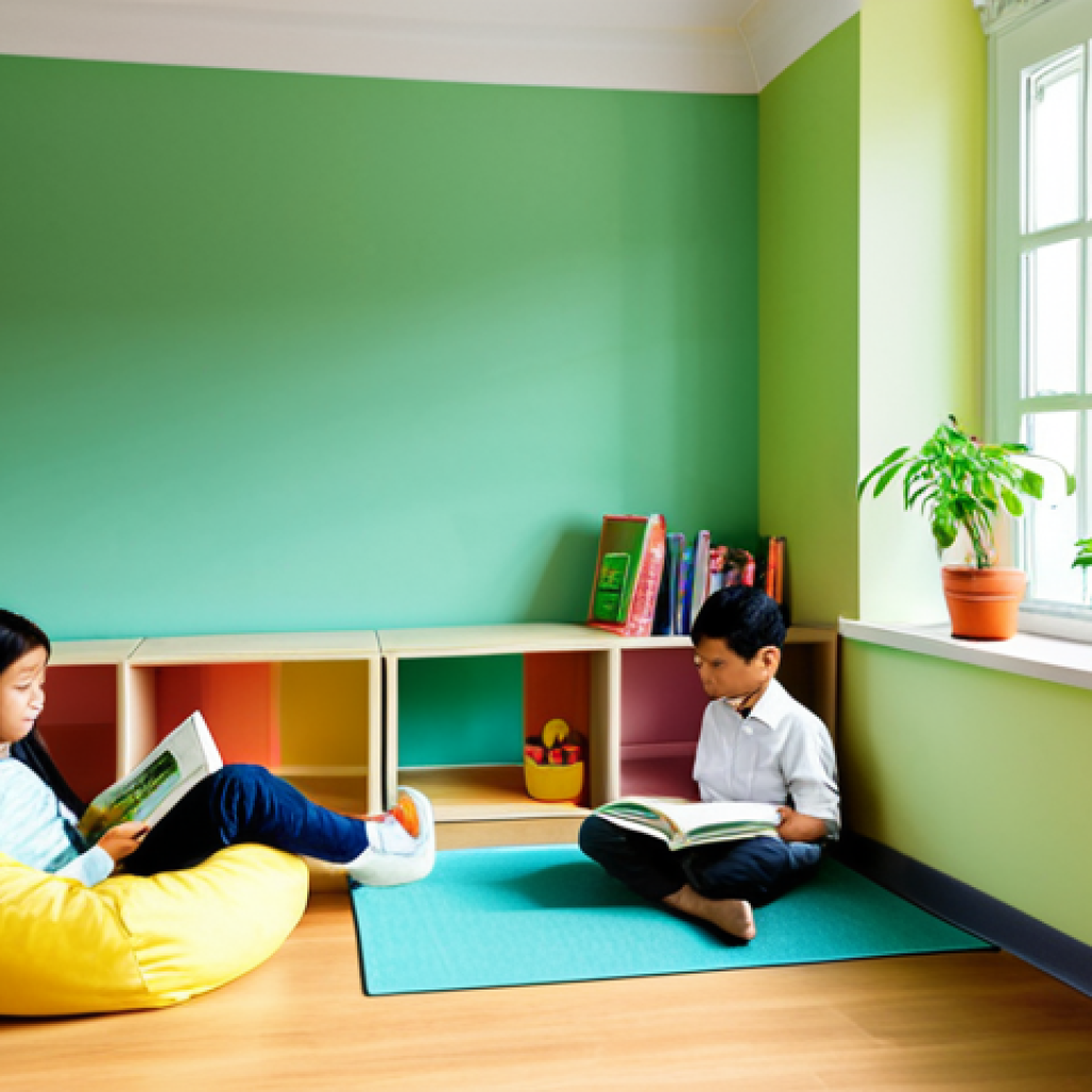 Natural Light & Cozy Corner**
"A bright and airy Malaysian classroom filled with natural sunlight streaming through large windows, casting a warm glow on a reading corner. The corner features comfortable beanbag chairs and a small bookshelf filled with colourful storybooks. Potted plants are placed near the window, adding a touch of green. The walls are painted in calming pastel colours. fully clothed children are reading quietly, appropriate content, safe for work, perfect anatomy, natural proportions, professional, modest, family-friendly."
**