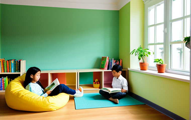 Natural Light & Cozy Corner**
"A bright and airy Malaysian classroom filled with natural sunlight streaming through large windows, casting a warm glow on a reading corner. The corner features comfortable beanbag chairs and a small bookshelf filled with colourful storybooks. Potted plants are placed near the window, adding a touch of green. The walls are painted in calming pastel colours. fully clothed children are reading quietly, appropriate content, safe for work, perfect anatomy, natural proportions, professional, modest, family-friendly."
**