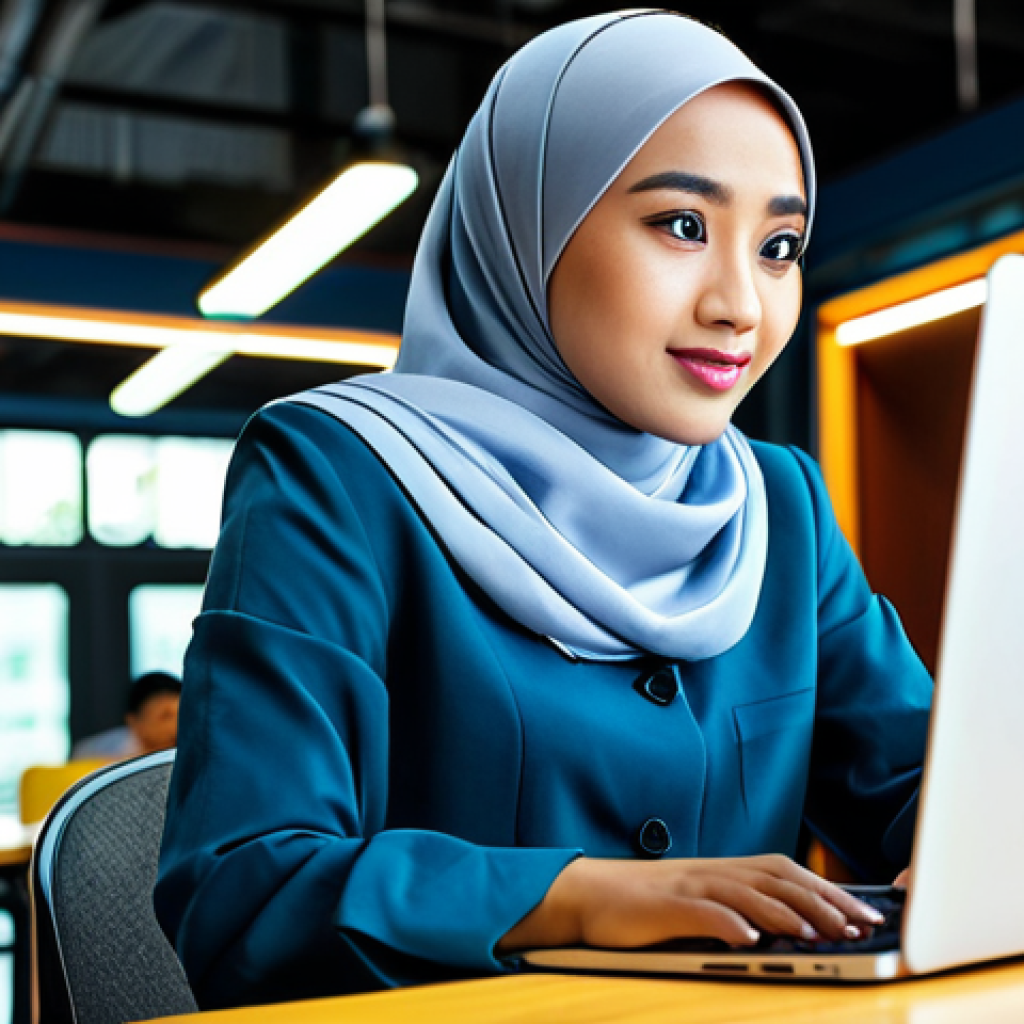 The Young Entrepreneur**

*   Prompt: A young Malaysian woman in a modern hijab and modest business attire, working on a laptop at a vibrant co-working space in Kuala Lumpur, fully clothed, appropriate content, safe for work, perfect anatomy, natural proportions, professional digital art.

**
