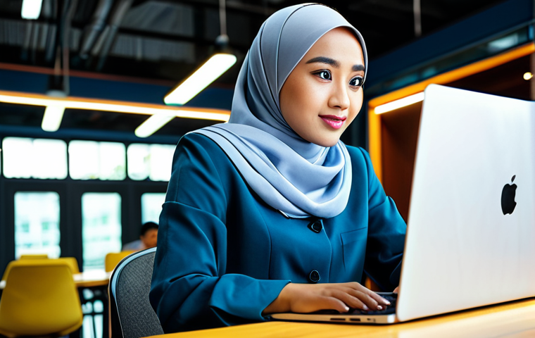 The Young Entrepreneur**
* Prompt: A young Malaysian woman in a modern hijab and modest business attire, working on a laptop at a vibrant co-working space in Kuala Lumpur, fully clothed, appropriate content, safe for work, perfect anatomy, natural proportions, professional digital art.
**