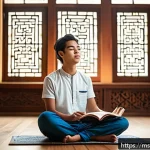 Home 17 인지심리학과 학습 - A serene Malaysian student sitting cross-legged in a quiet, well-lit room with traditional Malay woo...