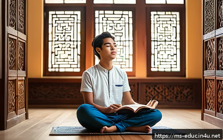 인지심리학과 학습 - A serene Malaysian student sitting cross-legged in a quiet, well-lit room with traditional Malay woo...
