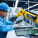 Home 21 코딩 교육과 로봇 - A modern Malaysian factory floor featuring advanced robotic arms assembling microelectronic componen...