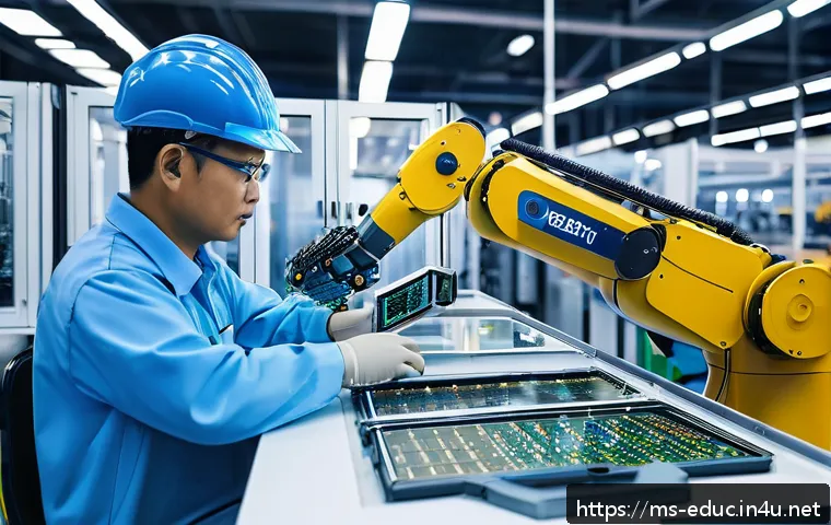 코딩 교육과 로봇 - A modern Malaysian factory floor featuring advanced robotic arms assembling microelectronic componen...