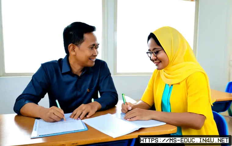 학교와 가정의 협력 모델 - Photorealistic Malaysian primary school classroom meeting, a Malay teacher and two parents seated ar...